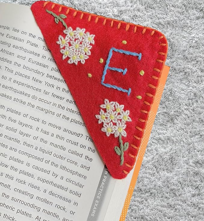 Personalized Hand Embroidered Corner Bookmark, Cute Flower Book Mark, Hand Stitch Gift for Women Book Lovers by HNQCPCVU (E, RED)