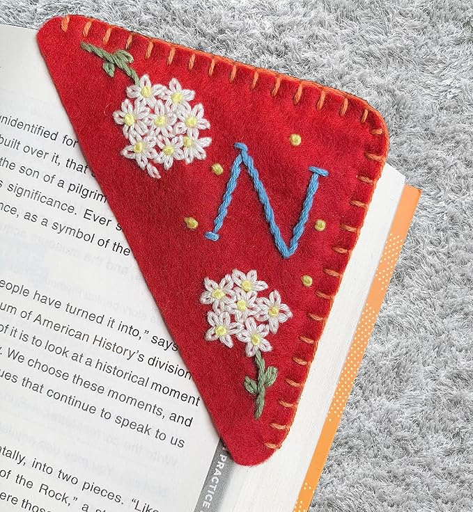 Personalized Hand Embroidered Corner Bookmark, Cute Flower Book Mark, Hand Stitch Gift for Women Book Lovers by HNQCPCVU (N, RED)
