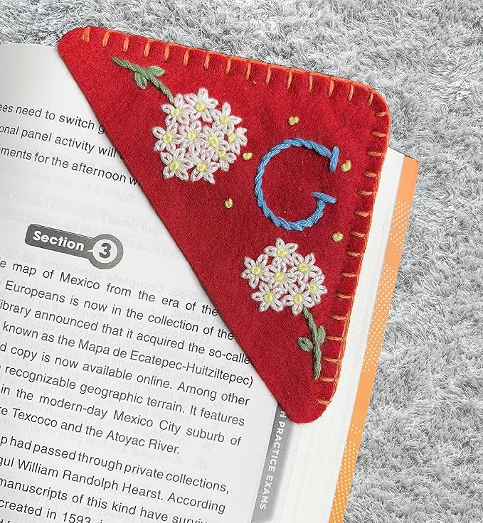 Personalized Hand Embroidered Corner Bookmark, Cute Flower Book Mark, Hand Stitch Gift for Women Book Lovers by HNQCPCVU (G, RED)