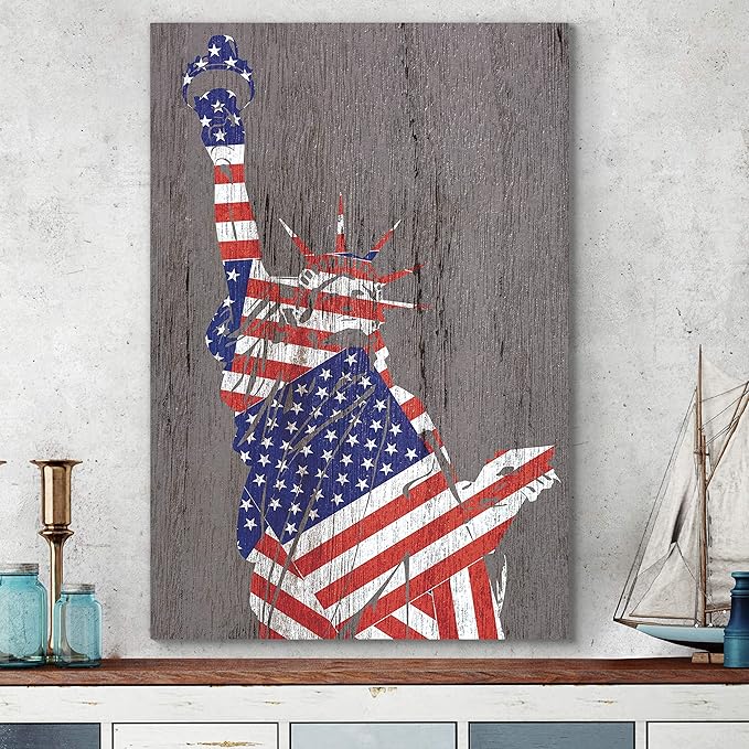 Renditions Gallery Canvas Wall Art Home Paintings & Prints Artwork Flag Draped Liberty Statue Glam Patriotic Modern Wall Hanging Decorations for Dining Room Office Kitchen - 30"x40" LT25
