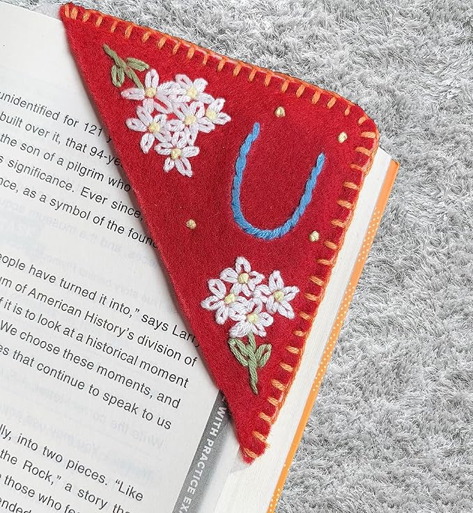 Personalized Hand Embroidered Corner Bookmark, Cute Flower Book Mark, Hand Stitch Gift for Women Book Lovers by HNQCPCVU (U, RED)