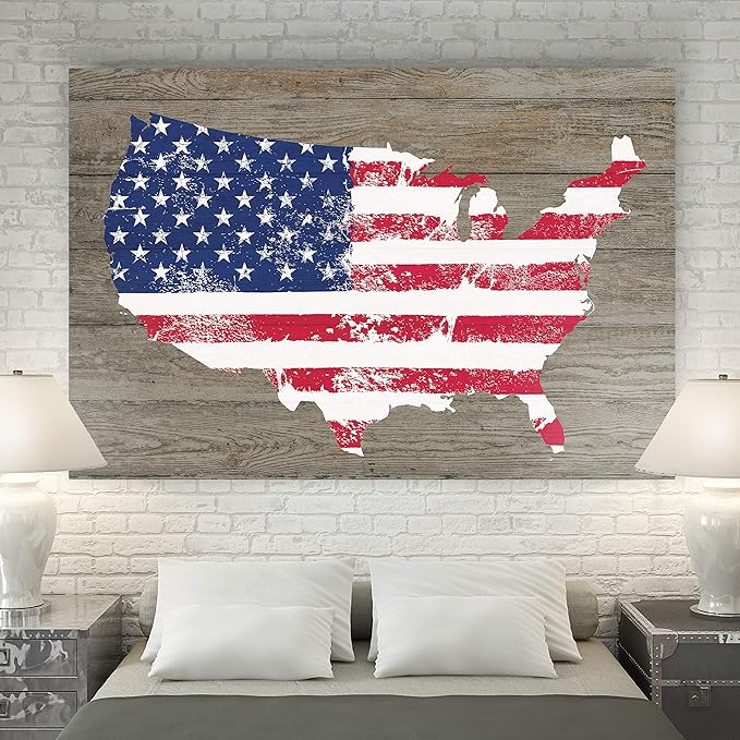 Renditions Gallery Canvas Nationalist Wall Art Home Paintings & Prints Artwork Vintage American Faded Map Modern Patriotic Canvas Pride Decorations for Bedroom Office Kitchen - 30"x40" LT25
