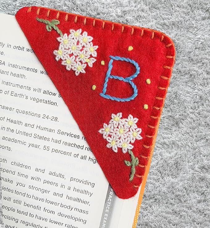 Personalized Hand Embroidered Corner Bookmark, Cute Flower Book Mark, Hand Stitch Gift for Women Book Lovers by HNQCPCVU (B, RED)