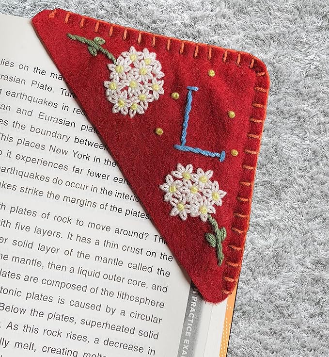 Personalized Hand Embroidered Corner Bookmark, Cute Flower Book Mark, Hand Stitch Gift for Women Book Lovers by HNQCPCVU (L, RED)