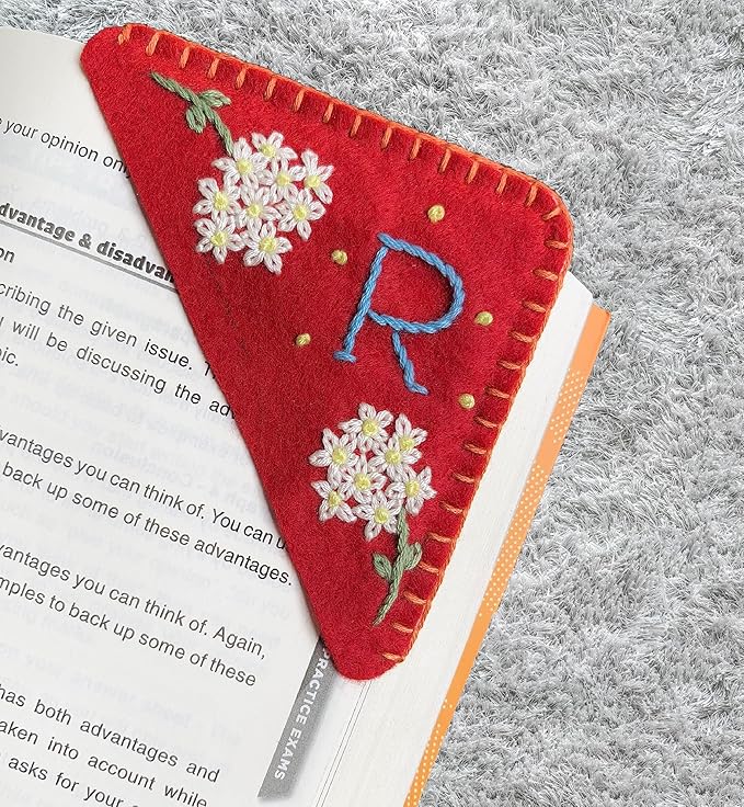 Personalized Hand Embroidered Corner Bookmark, Cute Flower Book Mark, Hand Stitch Gift for Women Book Lovers by HNQCPCVU (R, RED)