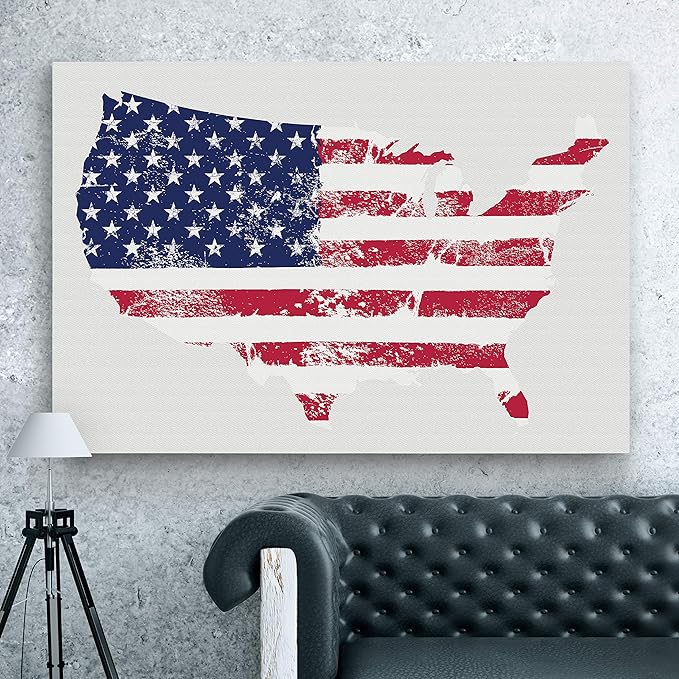 Renditions Gallery Canvas Patriotic Wall Art Home Paintings & Prints Vintage Faded American Flag Glam Modern White American Map Decorations for Bedroom Office Kitchen - 36"x48" LT25