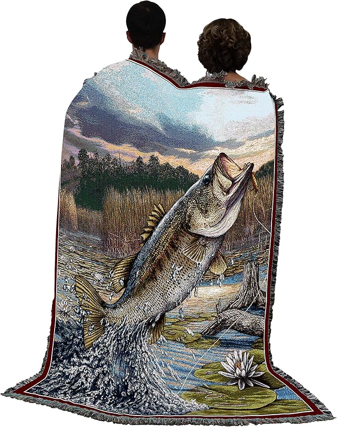 Pure Country Weavers First Strike Bass Blanket - Lake Wildlife Lodge Cabin Gift Tapestry Throw Woven from Cotton - Made in The USA (72x54)